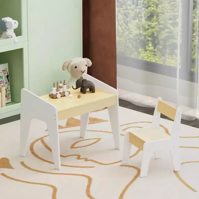 JVNOXK Ensemble bureau et chaise rectangulaire pour enfants, comprend une chaise, bureau d'étude en bois pour enfants, convient aux 2-8 ans, blanc + bois naturel