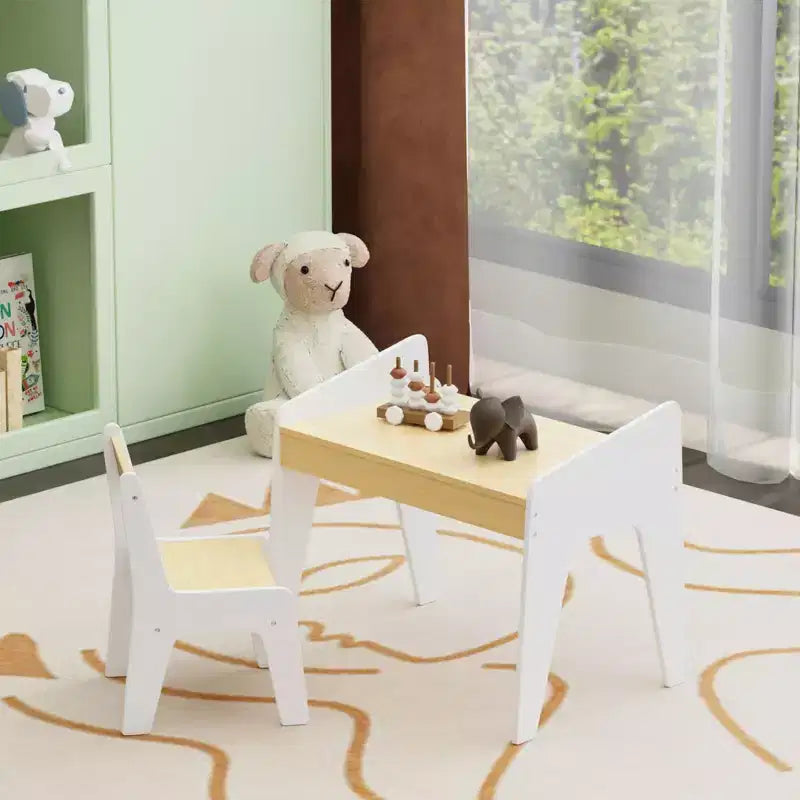 JVNOXK Ensemble bureau et chaise rectangulaire pour enfants, comprend une chaise, bureau d'étude en bois pour enfants, convient aux 2-8 ans, blanc + bois naturel
