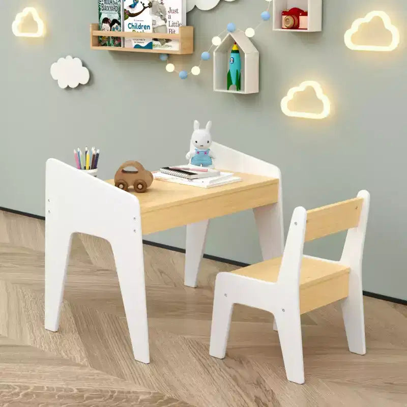 JVNOXK Ensemble bureau et chaise rectangulaire pour enfants, comprend une chaise, bureau d'étude en bois pour enfants, convient aux 2-8 ans, blanc + bois naturel