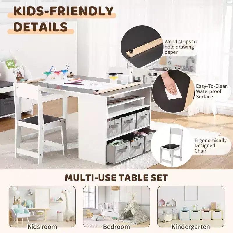 Table et chaise d'art 4 en 1 pour enfants, bureau de rangement spacieux pour tout-petits avec organisateur de fournitures artistiques portable, bureau de dessin, table d'activités et d'étude pour enfants