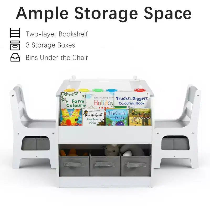 Kinder King Ensemble 4-en-1 Table et 2 chaises pour enfants avec rangement, plateau amovible pour les activités artistiques, les loisirs créatifs, la lecture et les jeux.