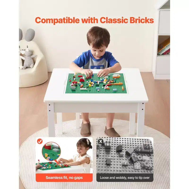 Table d'activités pour enfants VEVOR et ensemble de 2 chaises, plateau de table double face pour blocs de construction, ensemble table et chaises pour tout-petits avec rangement, blanc