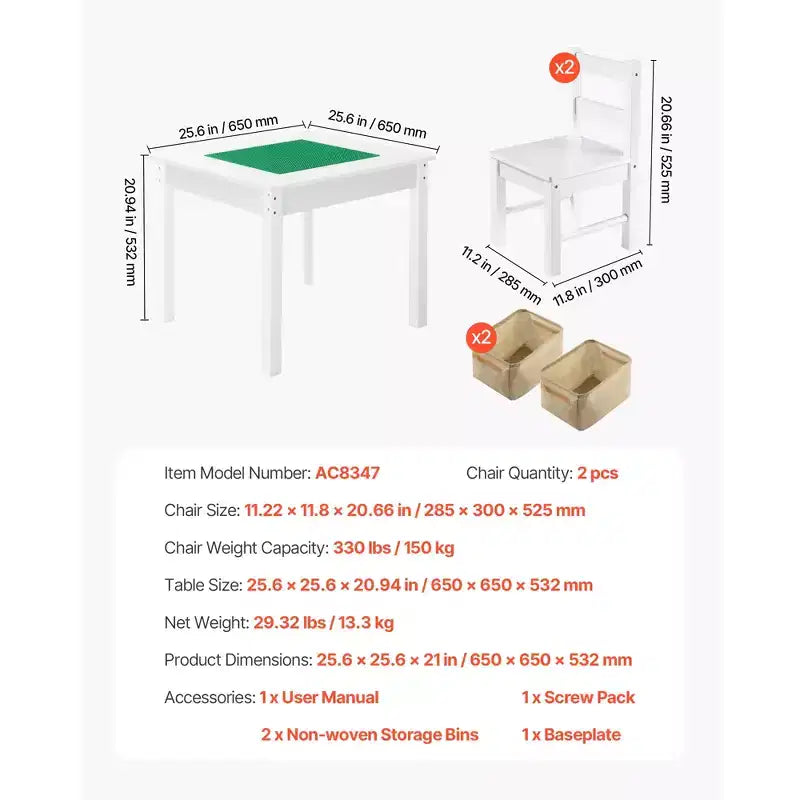 Table d'activités pour enfants VEVOR et ensemble de 2 chaises, plateau de table double face pour blocs de construction, ensemble table et chaises pour tout-petits avec rangement, blanc