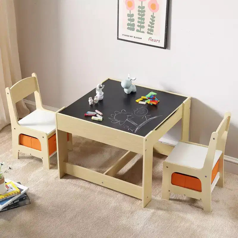 Ensemble table et chaises pour enfants avec bacs de rangement, plateau réversible tableau blanc/tableau noir - Âges 2-8