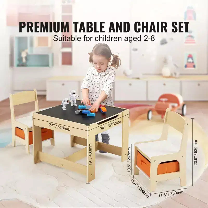 Ensemble table et chaises pour enfants avec bacs de rangement, plateau réversible tableau blanc/tableau noir - Âges 2-8