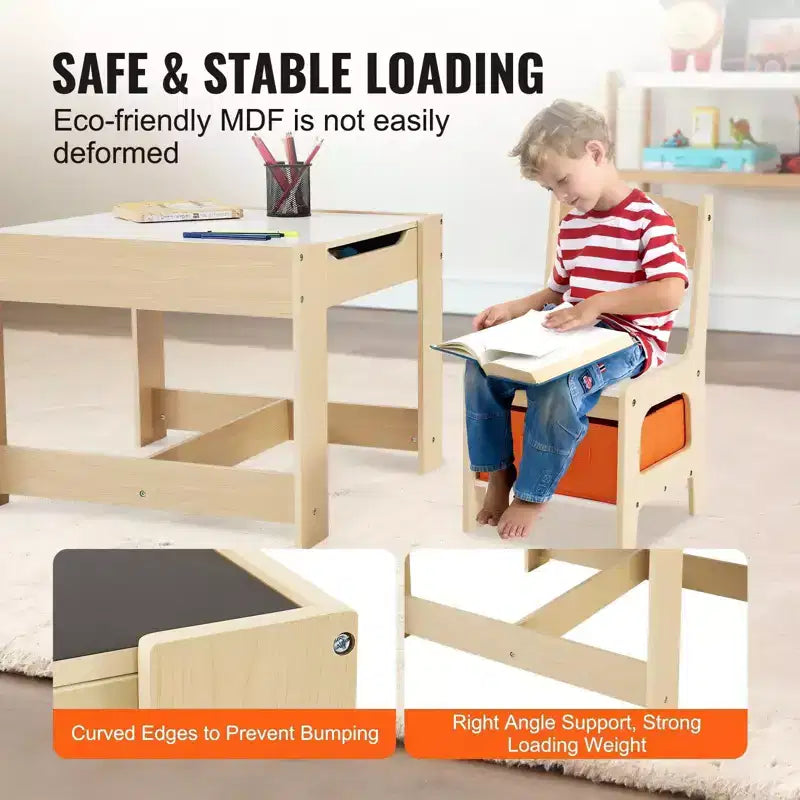Ensemble table et chaises pour enfants avec bacs de rangement, plateau réversible tableau blanc/tableau noir - Âges 2-8