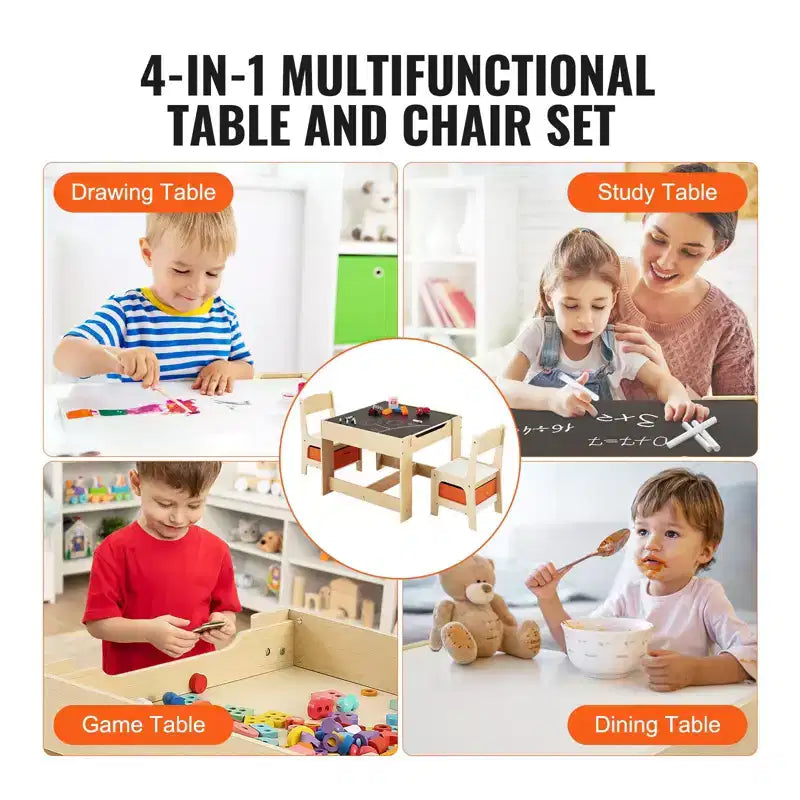Ensemble table et chaises pour enfants avec bacs de rangement, plateau réversible tableau blanc/tableau noir - Âges 2-8
