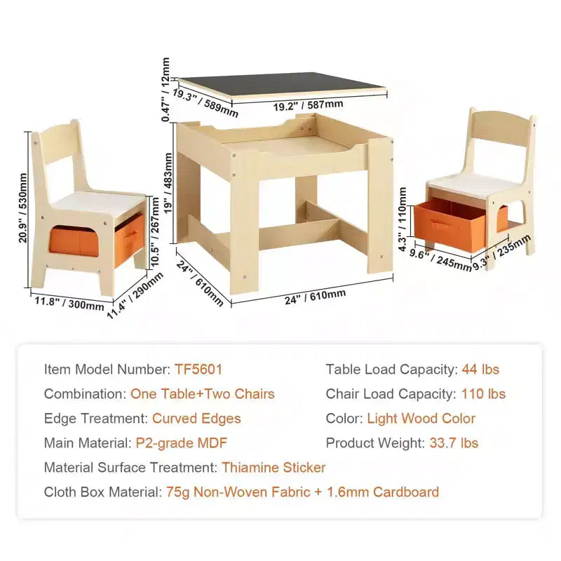 Ensemble table et chaises pour enfants avec bacs de rangement, plateau réversible tableau blanc/tableau noir - Âges 2-8