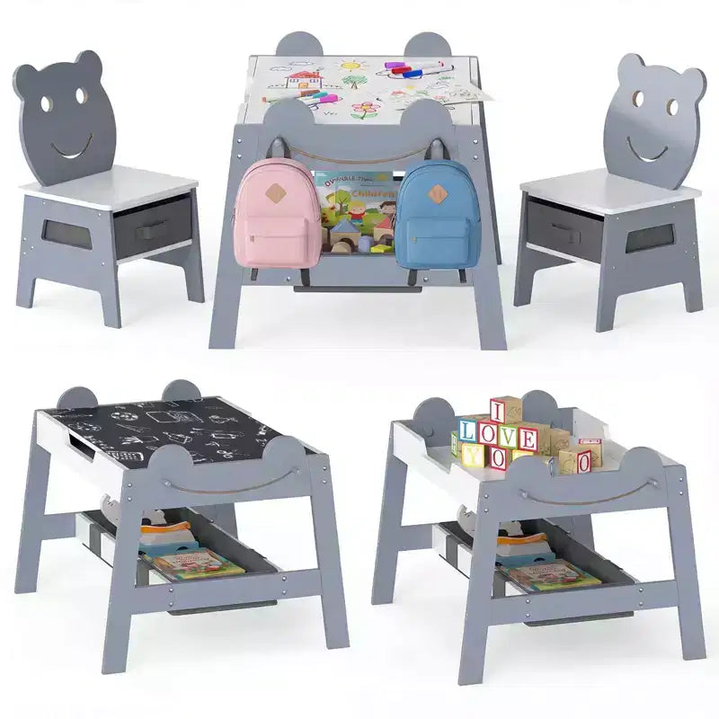 Costway Ensemble table et chaises 5 en 1 pour enfants avec tableau noir, tableau blanc, 3 bacs de rangement, 4 crochets gris + blanc/naturel + blanc + orange