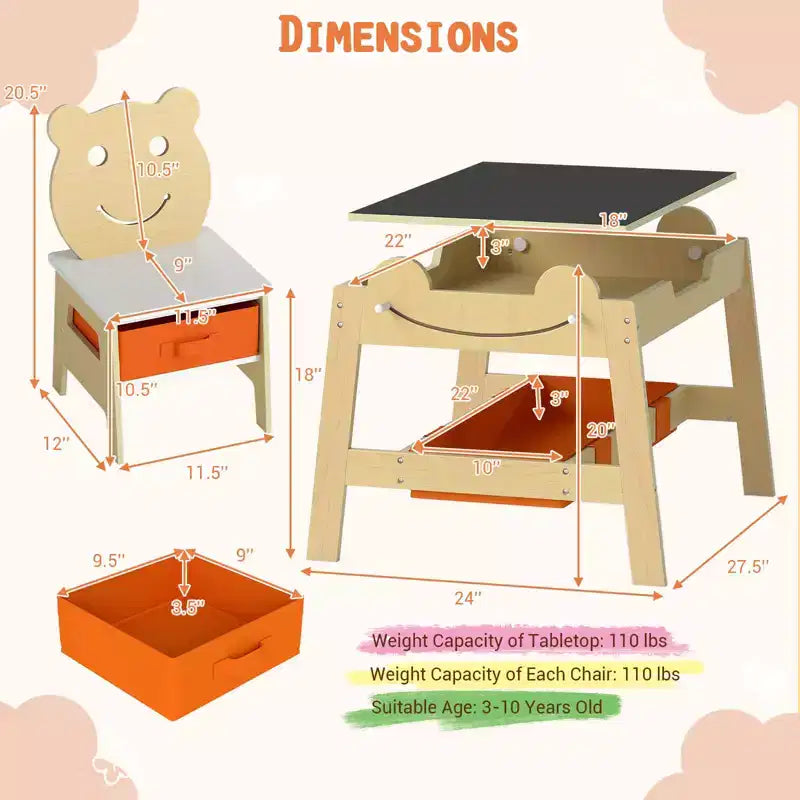 Costway Ensemble table et chaises 5 en 1 pour enfants avec tableau noir, tableau blanc, 3 bacs de rangement, 4 crochets gris + blanc/naturel + blanc + orange