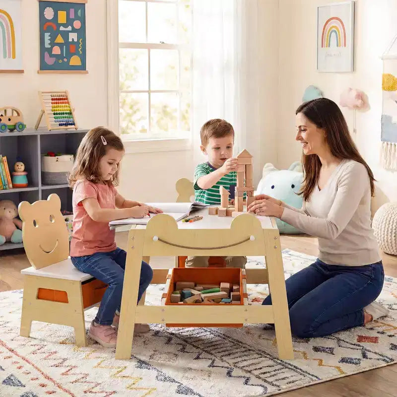 Costway Ensemble table et chaises 5 en 1 pour enfants avec tableau noir, tableau blanc, 3 bacs de rangement, 4 crochets gris + blanc/naturel + blanc + orange