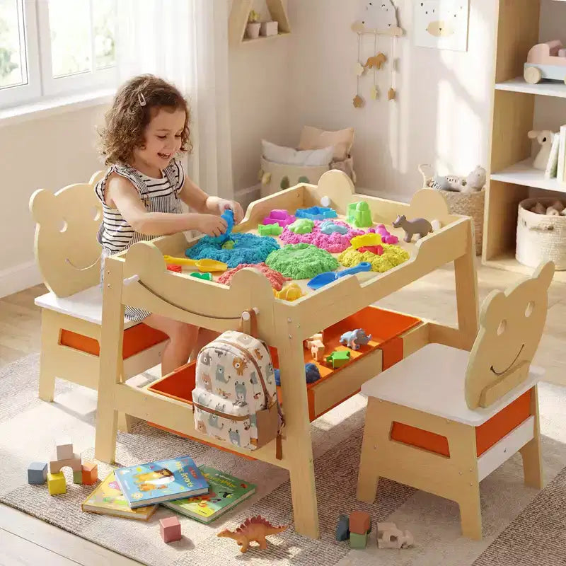 Costway Ensemble table et chaises 5 en 1 pour enfants avec tableau noir, tableau blanc, 3 bacs de rangement, 4 crochets gris + blanc/naturel + blanc + orange