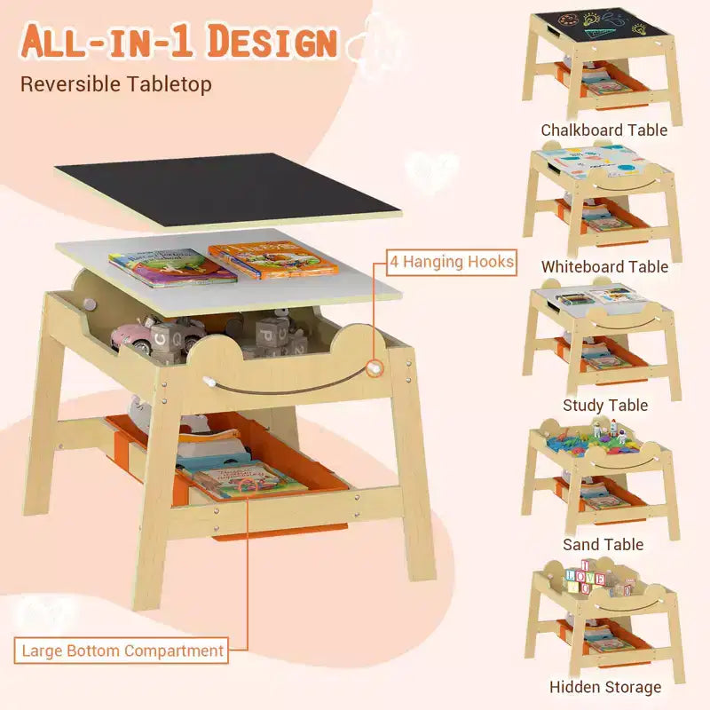 Costway Ensemble table et chaises 5 en 1 pour enfants avec tableau noir, tableau blanc, 3 bacs de rangement, 4 crochets gris + blanc/naturel + blanc + orange