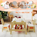 Costway Ensemble table et chaises 5 en 1 pour enfants avec tableau noir, tableau blanc, 3 bacs de rangement, 4 crochets gris + blanc/naturel + blanc + orange