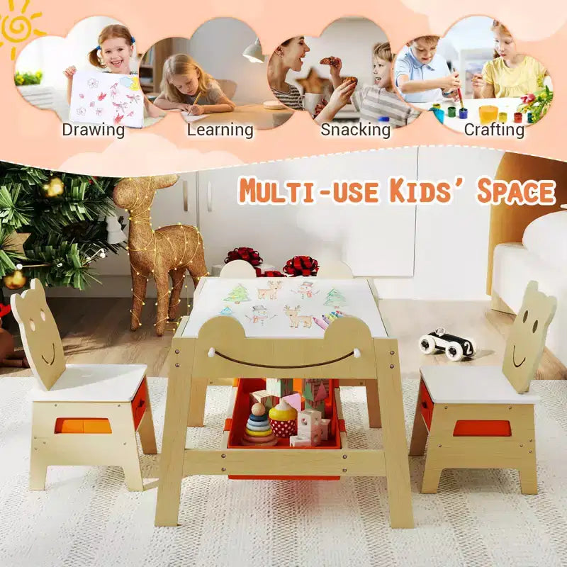 Costway Ensemble table et chaises 5 en 1 pour enfants avec tableau noir, tableau blanc, 3 bacs de rangement, 4 crochets gris + blanc/naturel + blanc + orange
