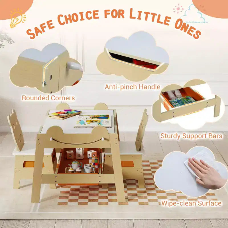 Costway Ensemble table et chaises 5 en 1 pour enfants avec tableau noir, tableau blanc, 3 bacs de rangement, 4 crochets gris + blanc/naturel + blanc + orange