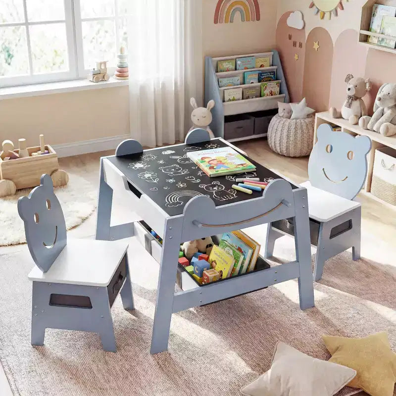 Costway Ensemble table et chaises 5 en 1 pour enfants avec tableau noir, tableau blanc, 3 bacs de rangement, 4 crochets gris + blanc/naturel + blanc + orange