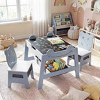 Costway Ensemble table et chaises 5 en 1 pour enfants avec tableau noir, tableau blanc, 3 bacs de rangement, 4 crochets gris + blanc/naturel + blanc + orange