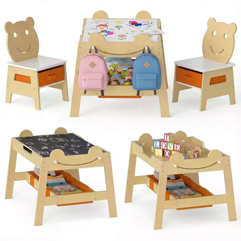 Costway Ensemble table et chaises 5 en 1 pour enfants avec tableau noir, tableau blanc, 3 bacs de rangement, 4 crochets gris + blanc/naturel + blanc + orange