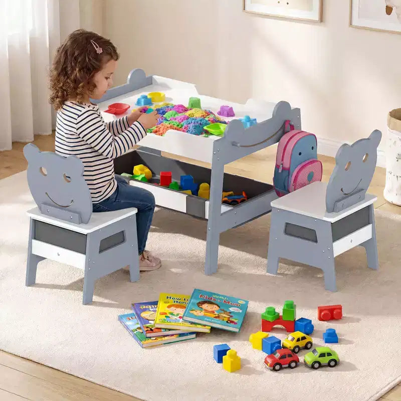 Costway Ensemble table et chaises 5 en 1 pour enfants avec tableau noir, tableau blanc, 3 bacs de rangement, 4 crochets gris + blanc/naturel + blanc + orange
