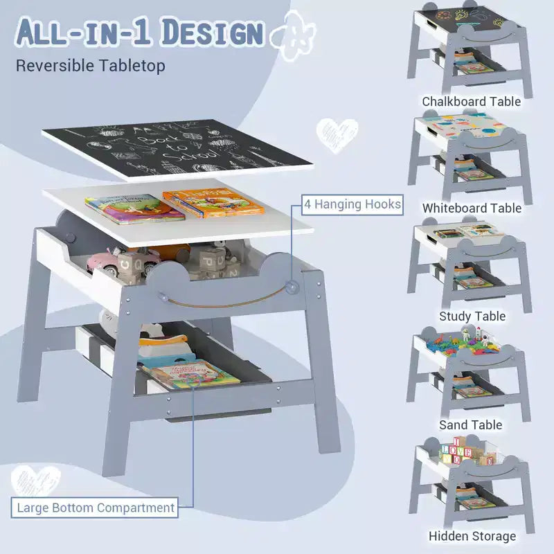 Costway Ensemble table et chaises 5 en 1 pour enfants avec tableau noir, tableau blanc, 3 bacs de rangement, 4 crochets gris + blanc/naturel + blanc + orange