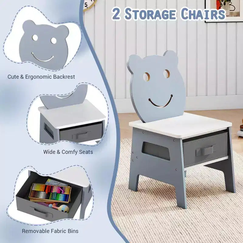 Costway Ensemble table et chaises 5 en 1 pour enfants avec tableau noir, tableau blanc, 3 bacs de rangement, 4 crochets gris + blanc/naturel + blanc + orange