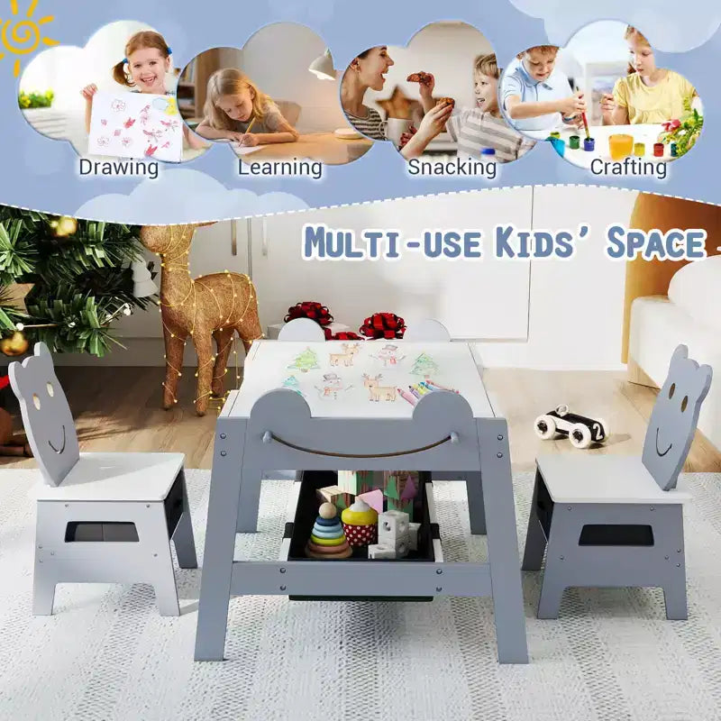 Costway Ensemble table et chaises 5 en 1 pour enfants avec tableau noir, tableau blanc, 3 bacs de rangement, 4 crochets gris + blanc/naturel + blanc + orange