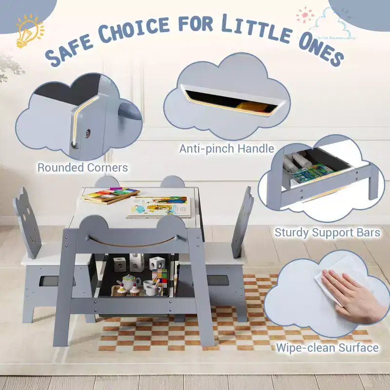 Costway Ensemble table et chaises 5 en 1 pour enfants avec tableau noir, tableau blanc, 3 bacs de rangement, 4 crochets gris + blanc/naturel + blanc + orange