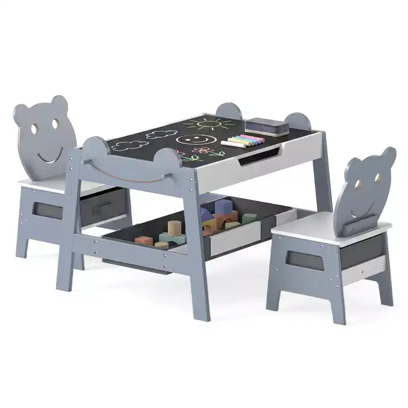 Costway 5-in-1 Kids' Table & Chair Set with Chalkboard, Whiteboard, 3 Storage Bins, 4 Hooks Gray + White/Natural + White + Orange