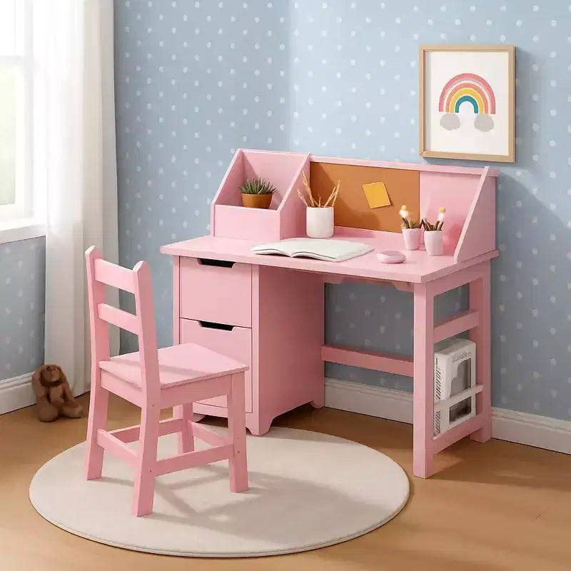 Ensemble bureau et chaise pour enfants avec étagère de rangement et tableau d'affichage, table d'étude en bois pour chambre à coucher et salle d'apprentissage