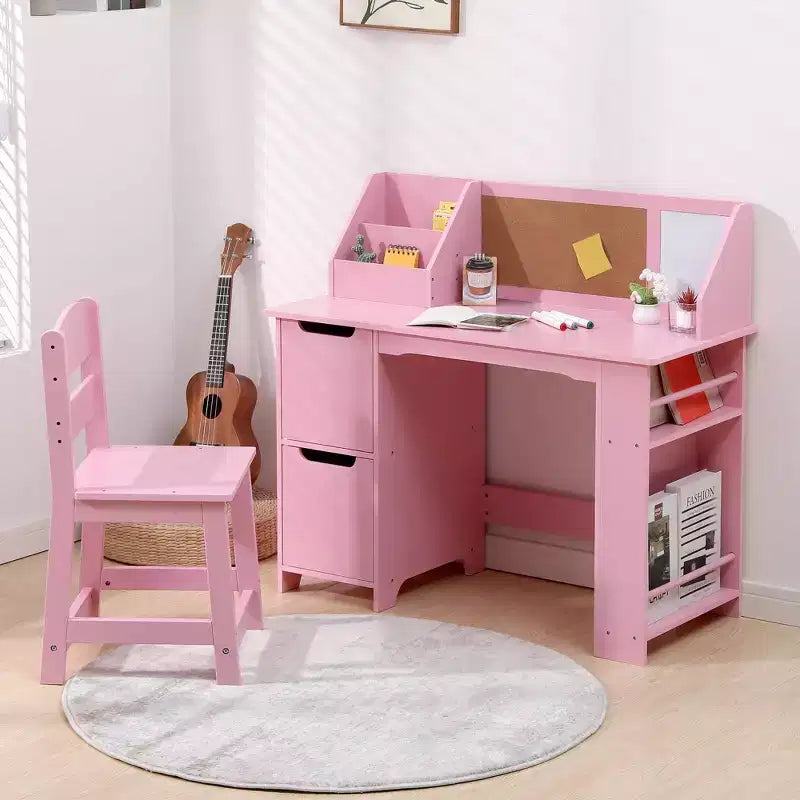 Kids Desk & Chair Set with Storage Hutch & Bulletin Board, Wooden Study Table for Bedroom & Learning Room
