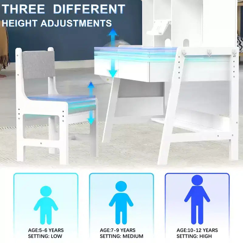 GDLF Bureau et Chaise pour Enfants, Réglable, Évolutif, Bureau d'Étude, Bureau d'Ordinateur avec Tableau Blanc pour Enfants de 5 à 12 Ans