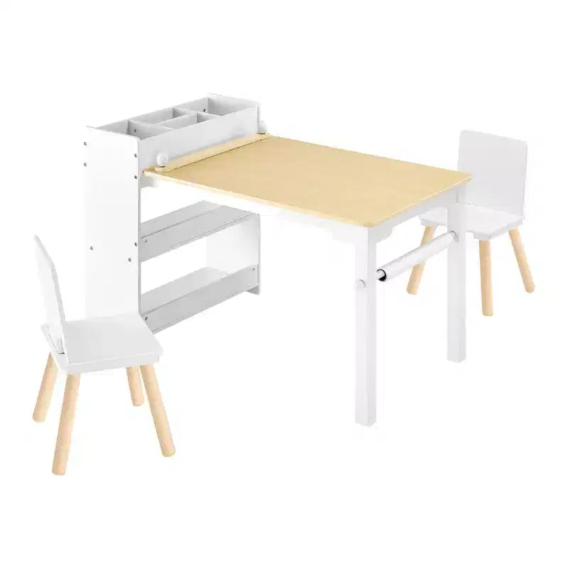 VEVOR Kids Art Table and Chair Set, Toddler Craft Table with 3 Tiers Storage Cabinet, Wooden Kids Activity Play Desk with 2 Chairs, White