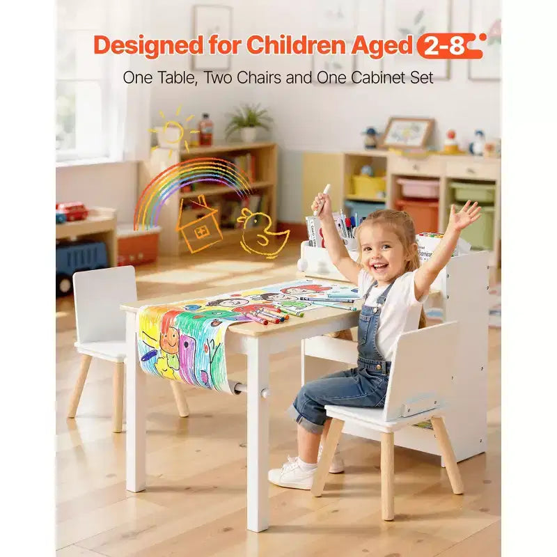 Ensemble table et chaises d'art pour enfants VEVOR, table d'activités pour tout-petits avec armoire de rangement à 3 niveaux, bureau de jeu en bois pour enfants avec 2 chaises, blanc