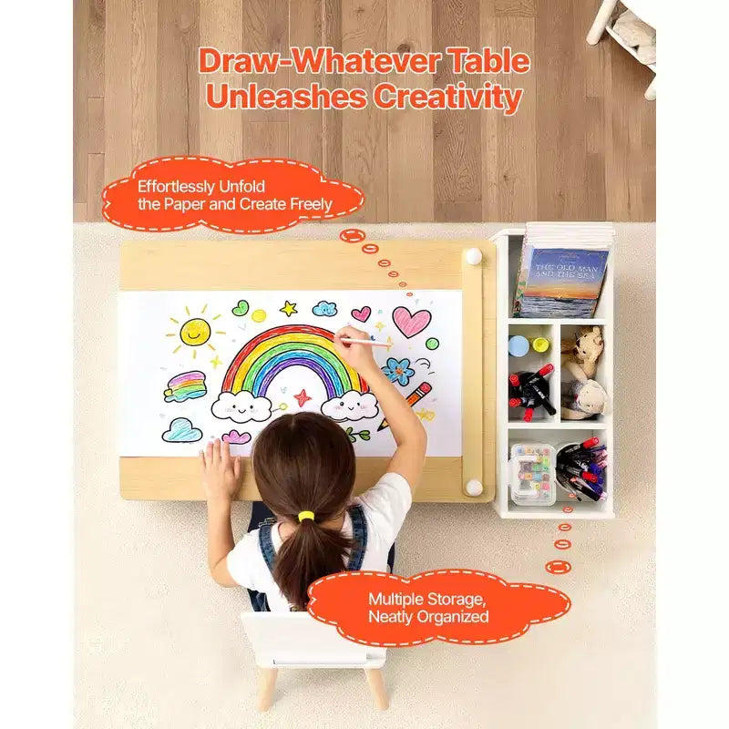 Ensemble table et chaises d'art pour enfants VEVOR, table d'activités pour tout-petits avec armoire de rangement à 3 niveaux, bureau de jeu en bois pour enfants avec 2 chaises, blanc