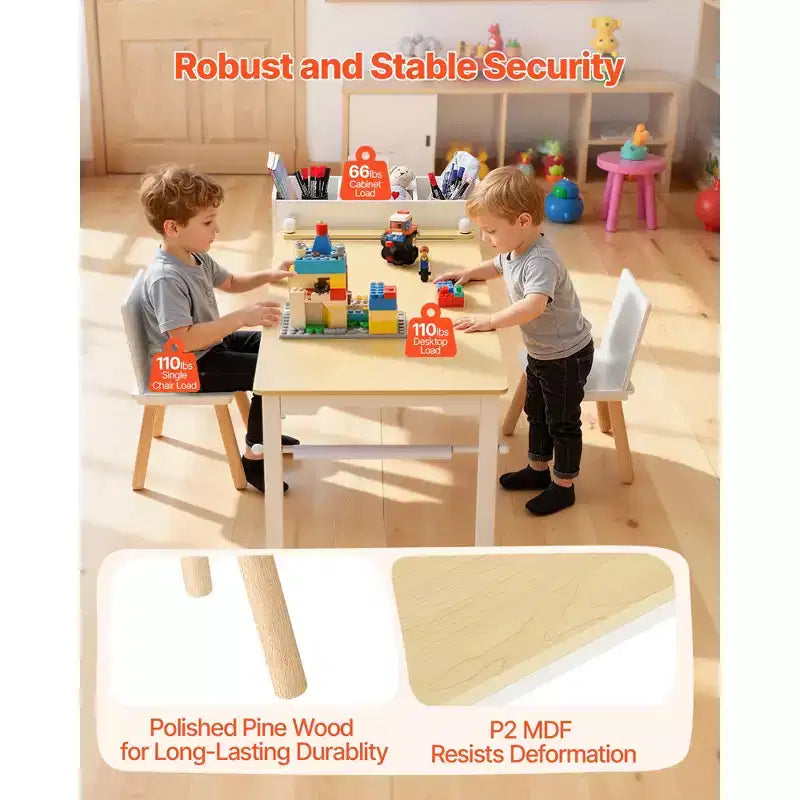 Ensemble table et chaises d'art pour enfants VEVOR, table d'activités pour tout-petits avec armoire de rangement à 3 niveaux, bureau de jeu en bois pour enfants avec 2 chaises, blanc