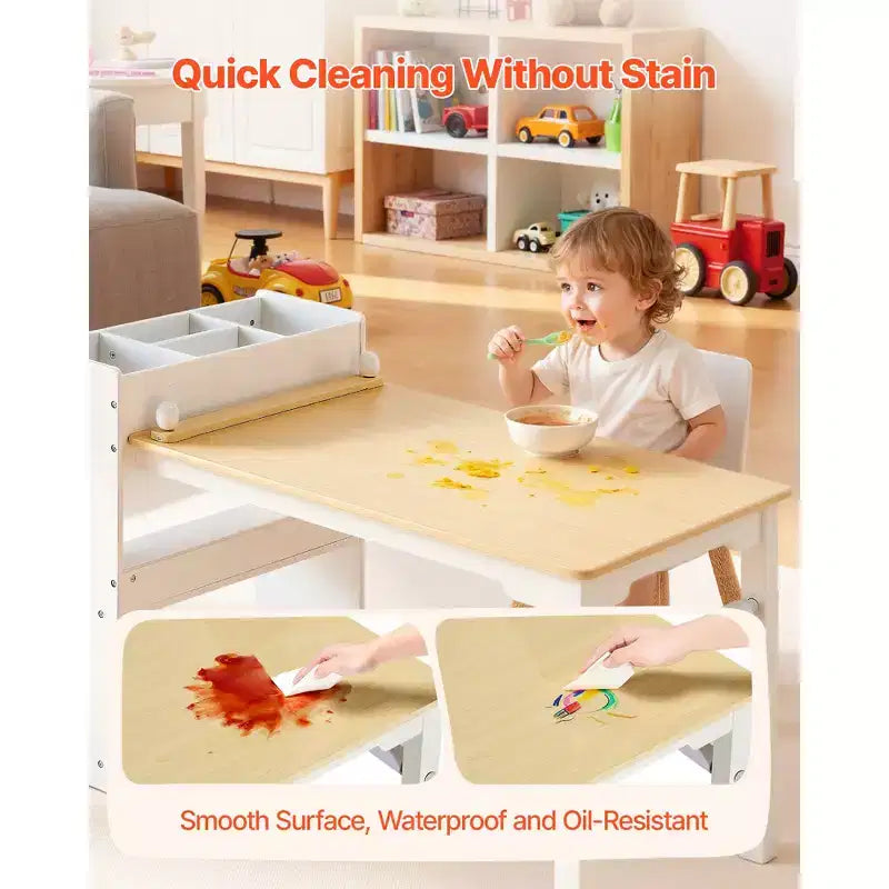 Ensemble table et chaises d'art pour enfants VEVOR, table d'activités pour tout-petits avec armoire de rangement à 3 niveaux, bureau de jeu en bois pour enfants avec 2 chaises, blanc
