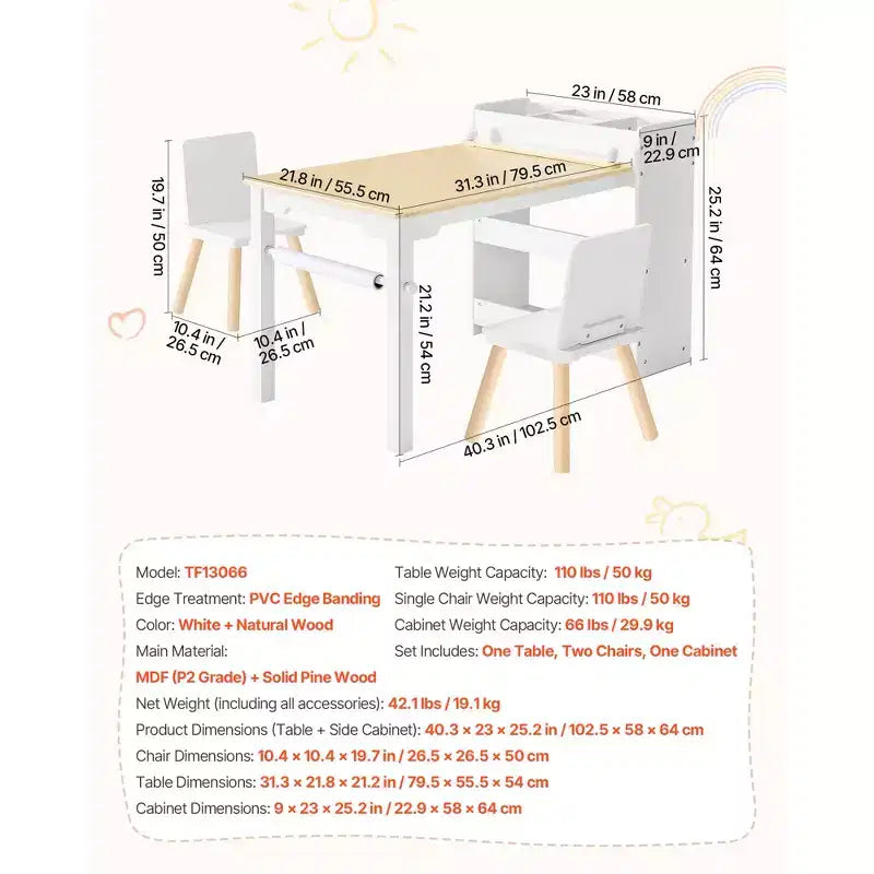 Ensemble table et chaises d'art pour enfants VEVOR, table d'activités pour tout-petits avec armoire de rangement à 3 niveaux, bureau de jeu en bois pour enfants avec 2 chaises, blanc