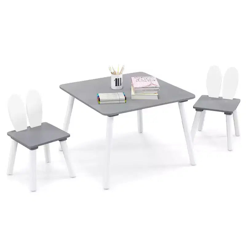 Costway 3 Pieces Kids Table & Chairs Set Children Wooden Furniture Set w/ Solid Wood Legs Gray