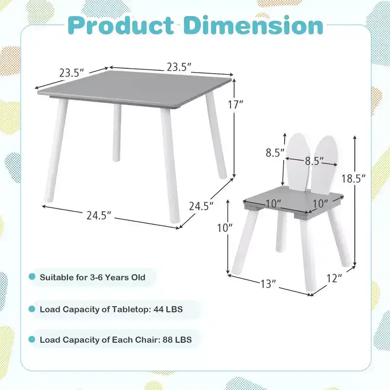 Costway Ensemble de 3 Meubles pour Enfants Table et Chaises en Bois avec Pieds en Bois Massif Gris