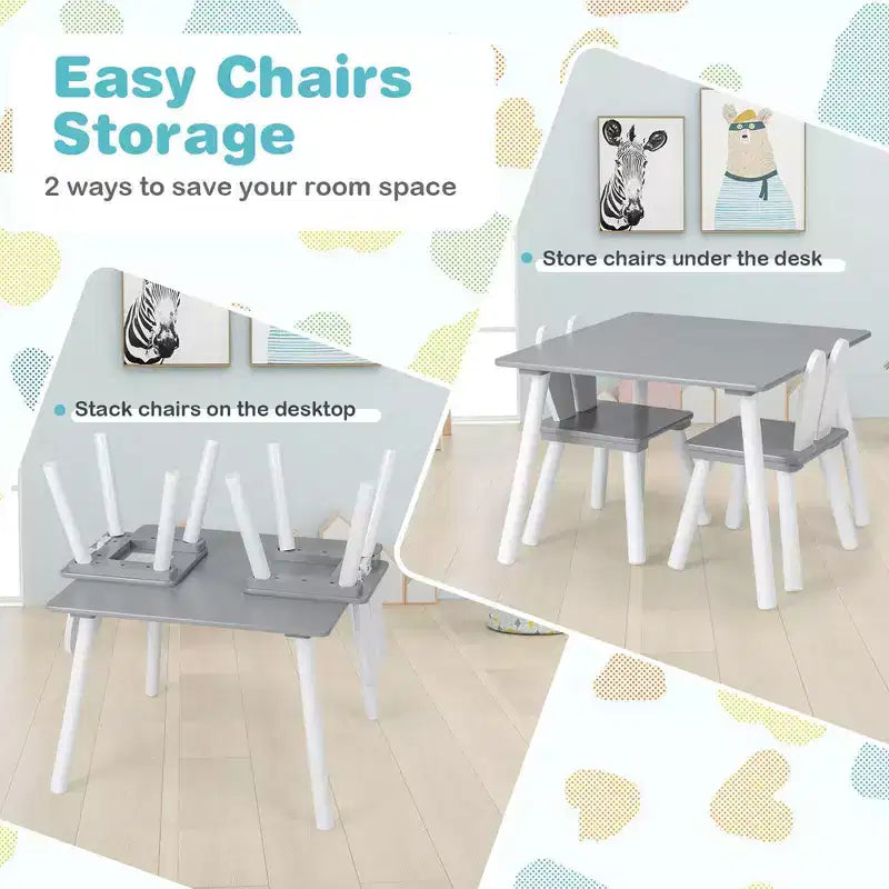 Costway Ensemble de 3 Meubles pour Enfants Table et Chaises en Bois avec Pieds en Bois Massif Gris