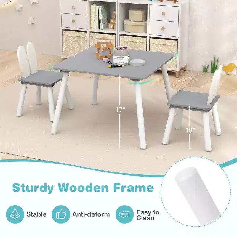 Costway Ensemble de 3 Meubles pour Enfants Table et Chaises en Bois avec Pieds en Bois Massif Gris