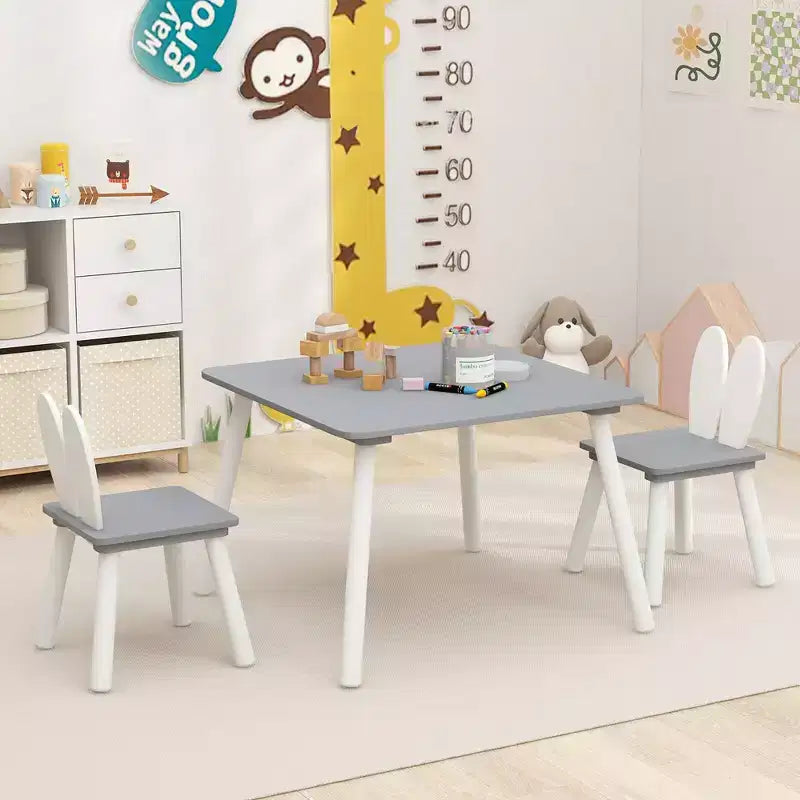 Costway Ensemble de 3 Meubles pour Enfants Table et Chaises en Bois avec Pieds en Bois Massif Gris
