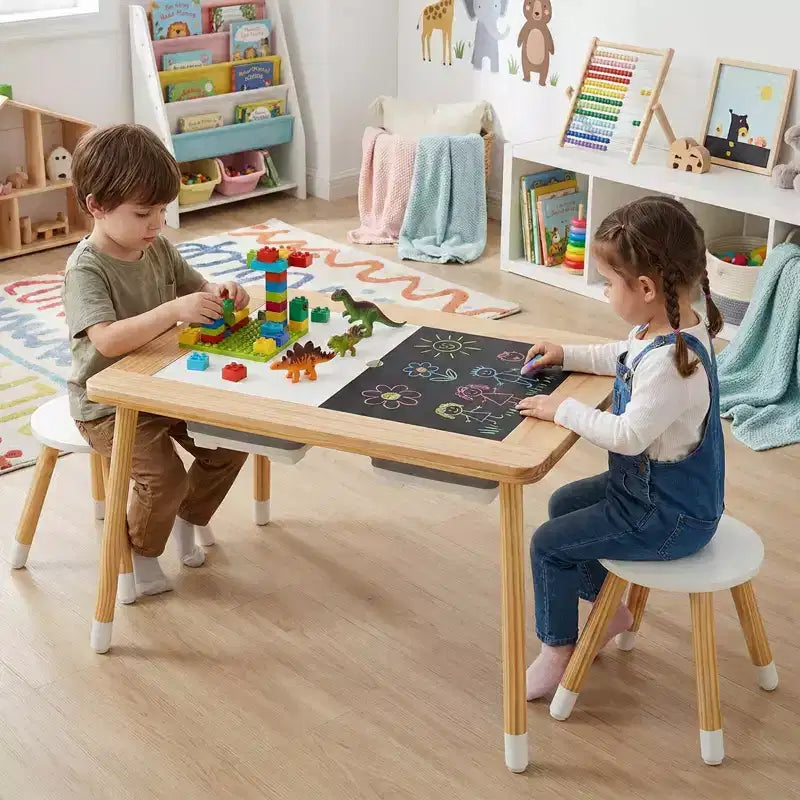 Table sensorielle Costway avec 2 tabourets, plateaux double face détachables et 2 bacs de rangement