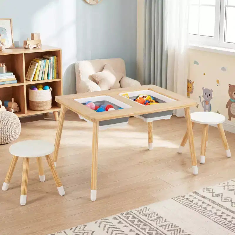 Table sensorielle Costway avec 2 tabourets, plateaux double face détachables et 2 bacs de rangement
