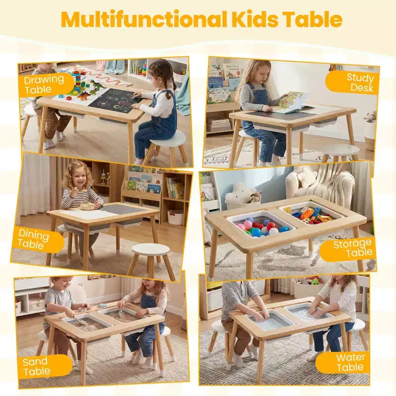 Table sensorielle Costway avec 2 tabourets, plateaux double face détachables et 2 bacs de rangement