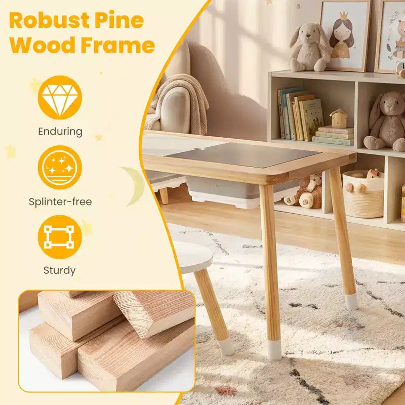 Table sensorielle Costway avec 2 tabourets, plateaux double face détachables et 2 bacs de rangement