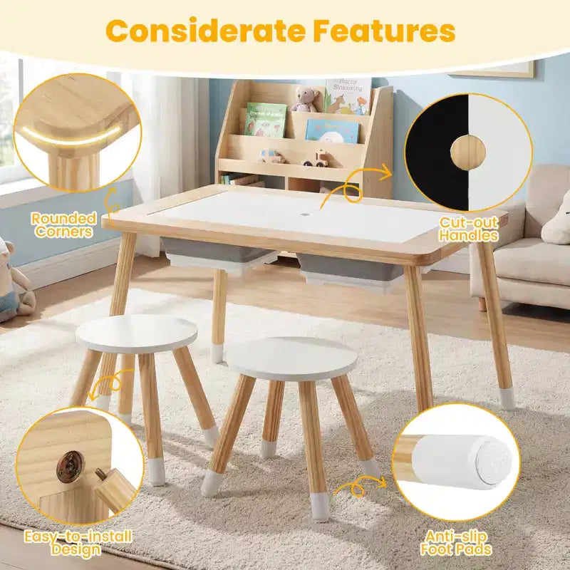 Table sensorielle Costway avec 2 tabourets, plateaux double face détachables et 2 bacs de rangement