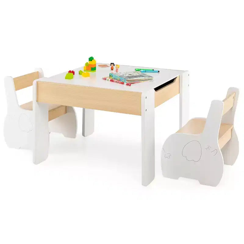 Costway 4-in-1 Kids Wooden Table & 2 Chairs Set w/ Storage Detachable Blackboard Drawing