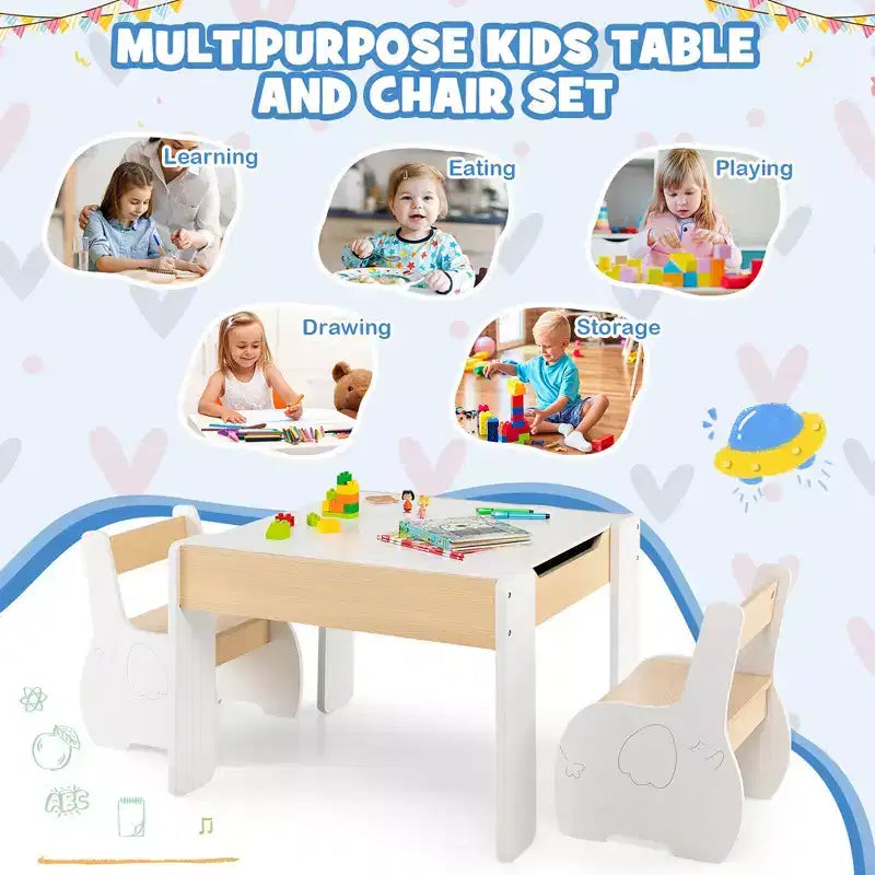 Table et 2 chaises pour enfants Costway 4 en 1 en bois avec rangement et tableau noir amovible